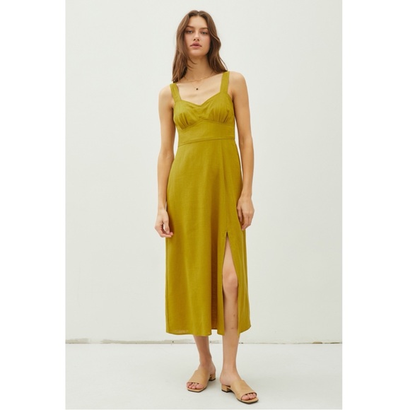 NWOT Golden Green Rayon Viscose Blend Bustier Midi Dress W/Slit. Size L - Picture 2 of 5